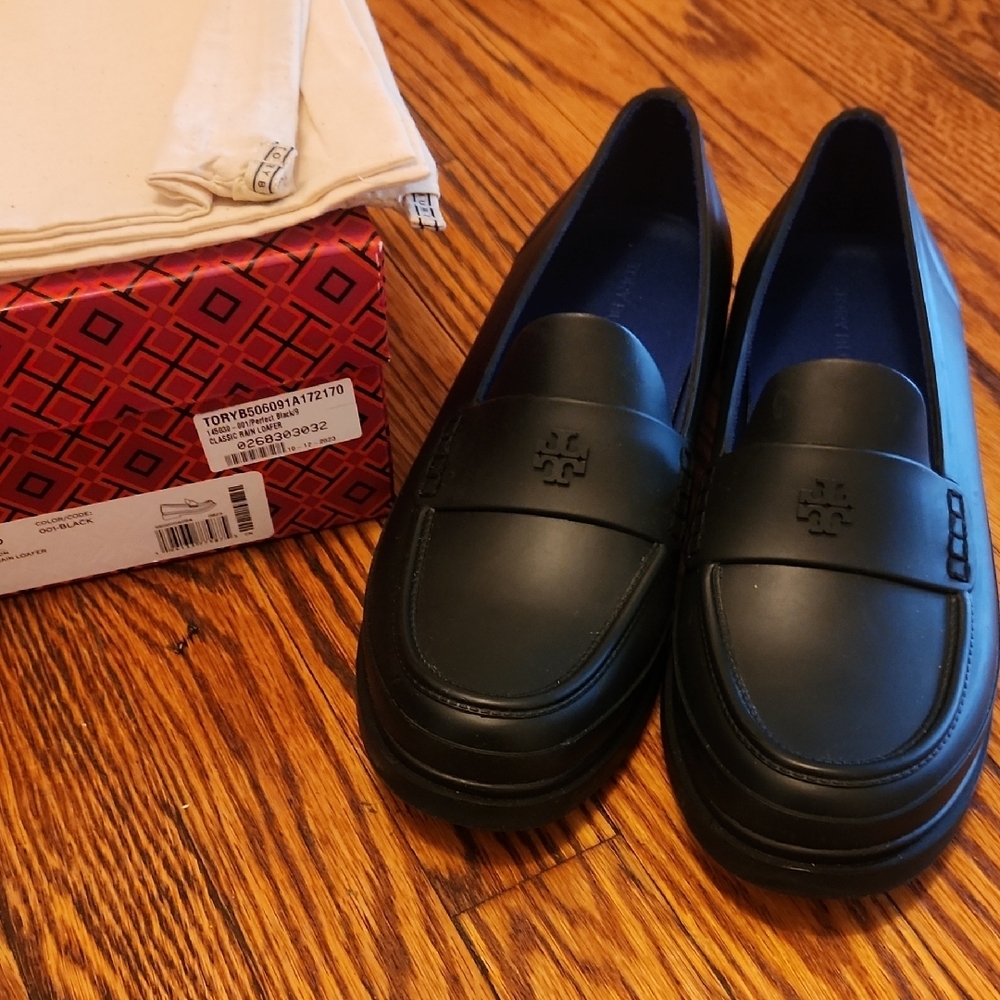 Euc Tory Burch Black Rubber Slip-On Rain Boot Loafers Sz 9